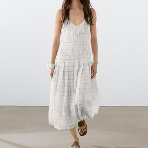 Massimo Dutti Off White Checkered Midi Dress, Size M